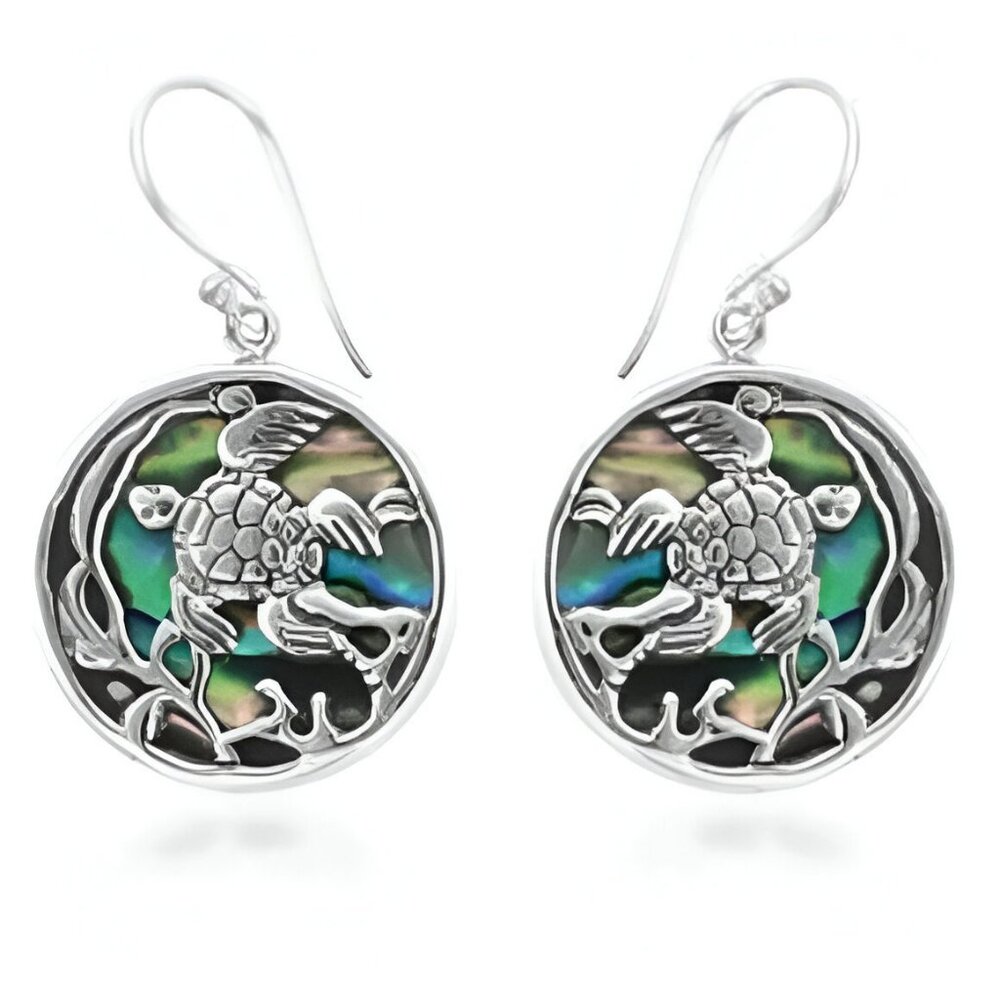 NEW 925 Silver Plate Blue Green Abalone Shell Mother Pearl Sea Turtle Earrings